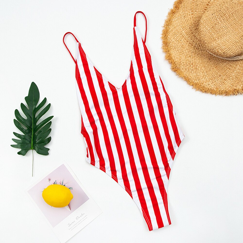 One Piece V-Neck Striped Swimwear